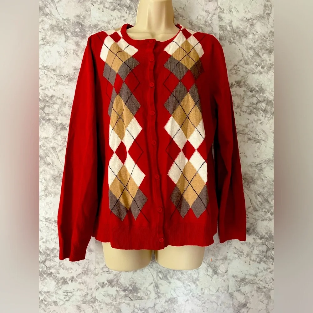Croft & Barrow Vintage 90's Argyle Red Cardigan Knit Sweater size XL - Picture 1 of 8